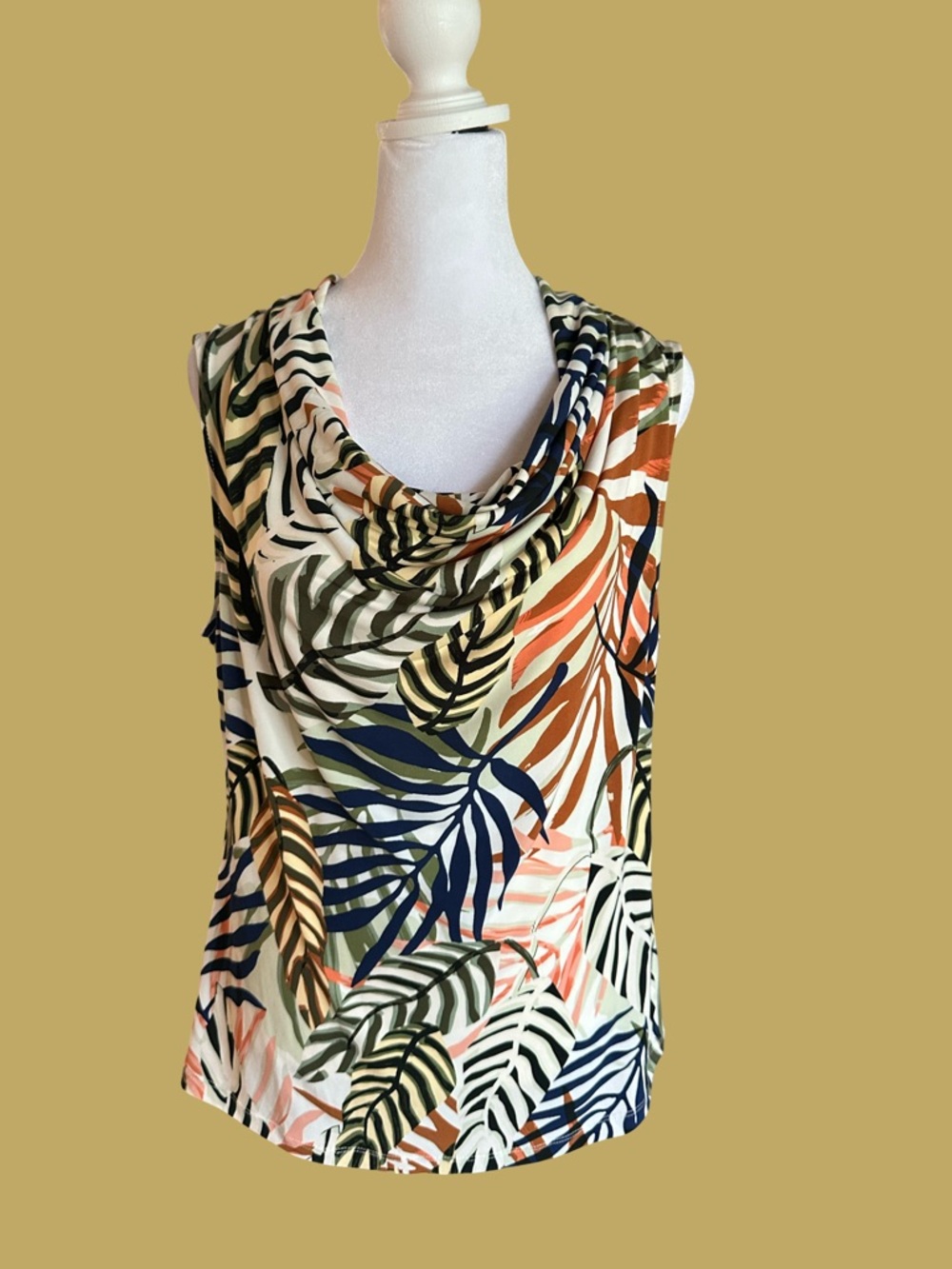 Tahari Navy and Blush Tropical Leaves Print Top